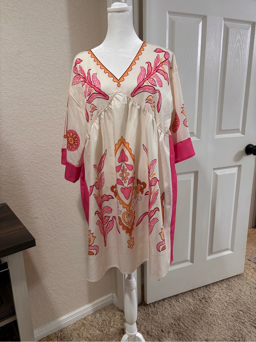 Cream Mini Dress with Pink & Orange Floral print